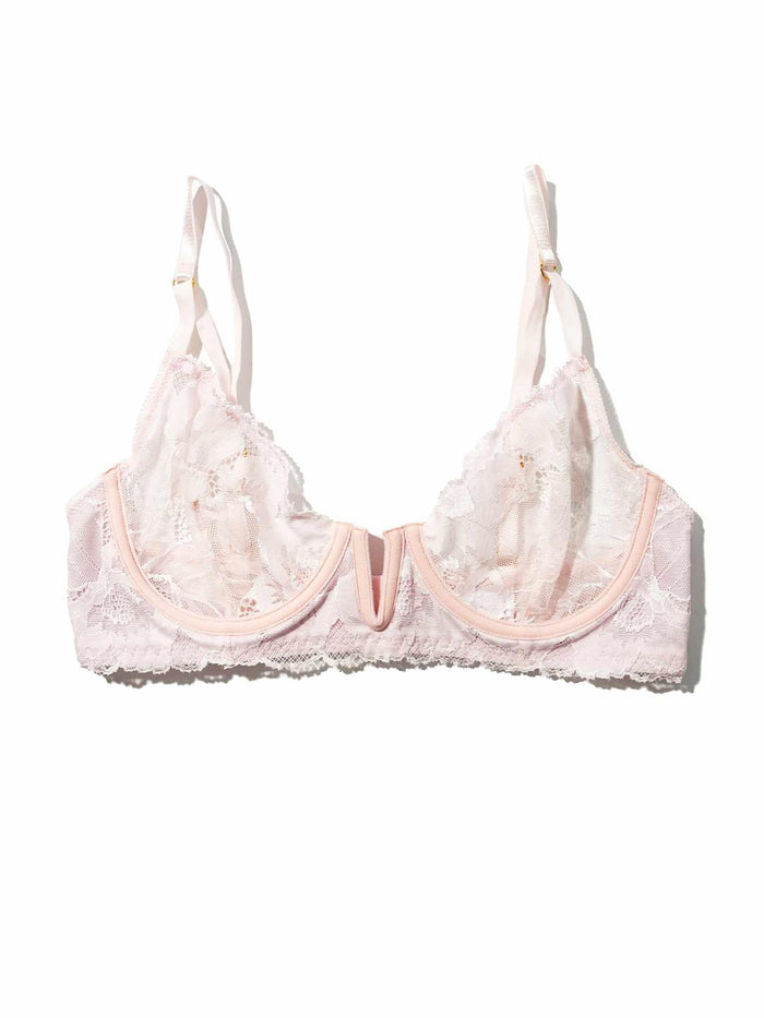 Blush Pink Silhouette Floral Lace Underwire Bra - Flat Lay, Scallop Edge, Strappy Detail & Gold Hardware | Hanky Panky
