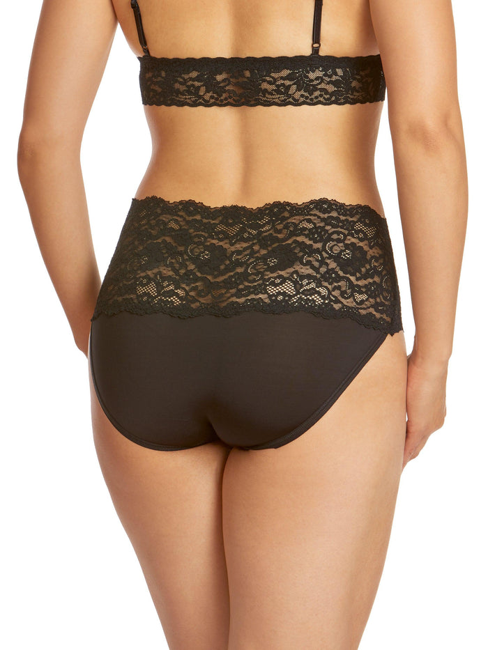 Black Silky Skin High Rise Panty with Wide Floral Lace Waistband - Back View | Hanky Panky