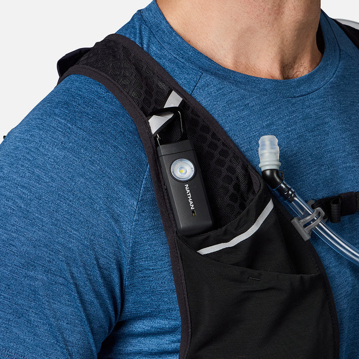 color:Black/Silver||seo:NATHAN Siren LED Alarm RX - Shown on Model with Siren Clipped on HyperNight Reflective Vest
