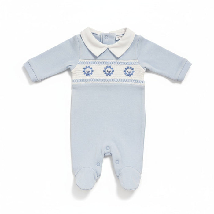 Sky Blue Smocked "Lion" All In One Sleepsuit / Babygrow Tiny Chick