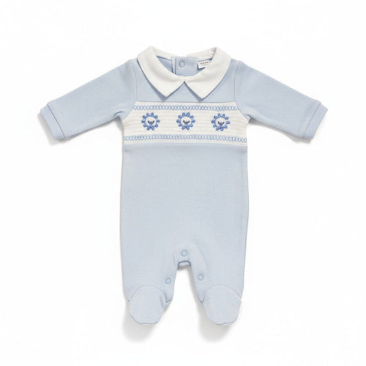 Sky Blue Smocked "Lion" All In One Sleepsuit / Babygrow Tiny Chick