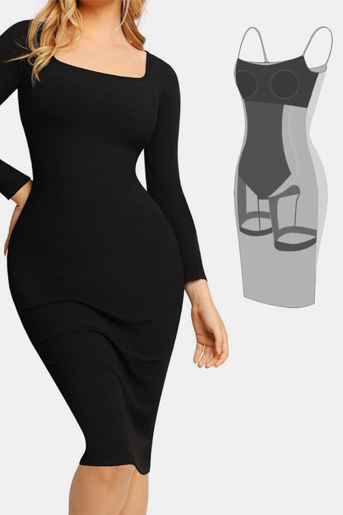 Sleek Black Long Sleeve Dress with Built-In Shapewear Elegance