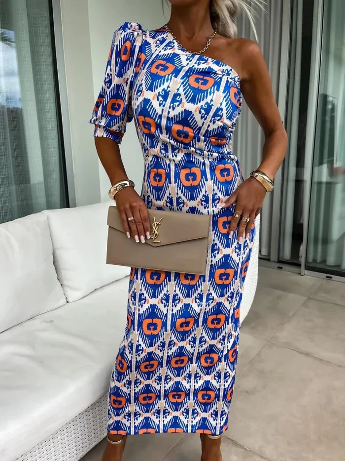 Slit Printed Single Shoulder Midi Dress