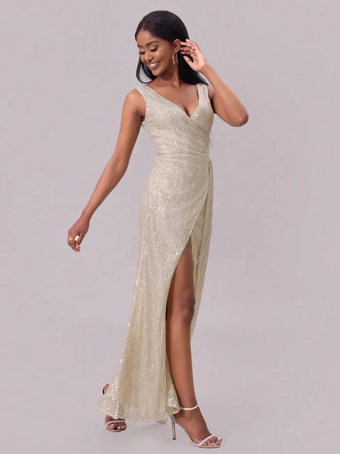 Slit Sequin Surplice Sleeveless Maxi Dress