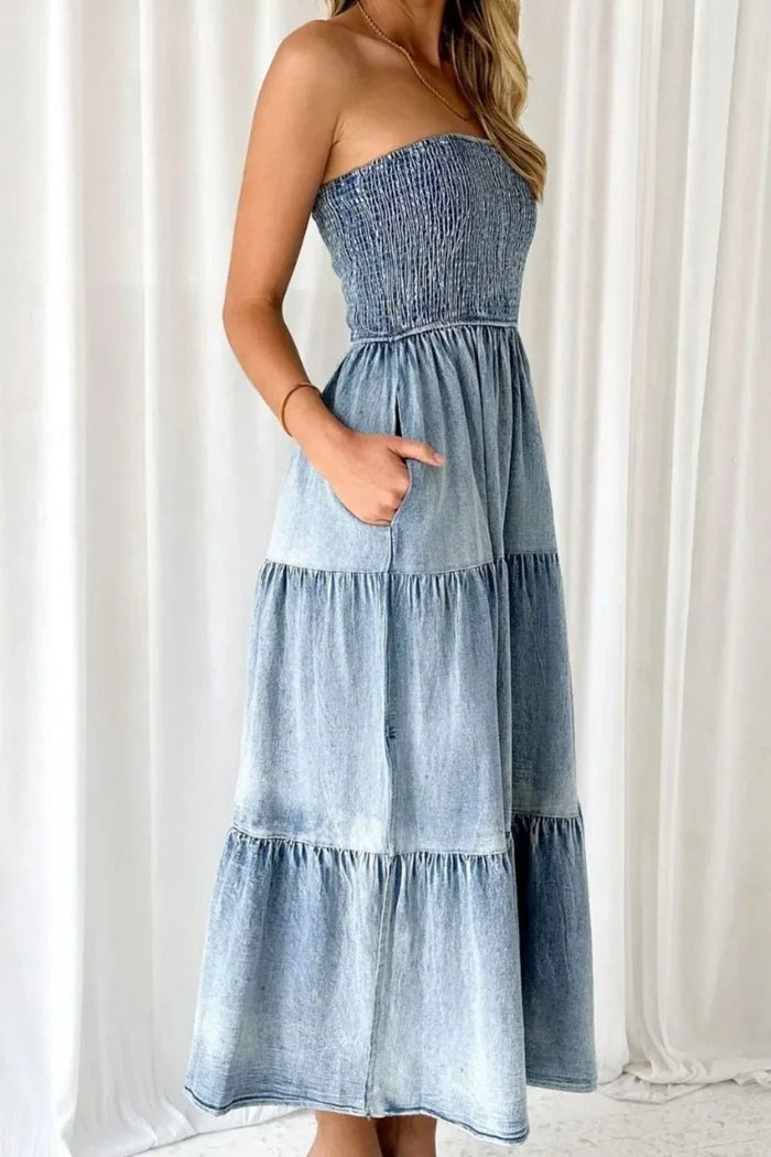 Smocked Tube Slit Tiered Denim Dress