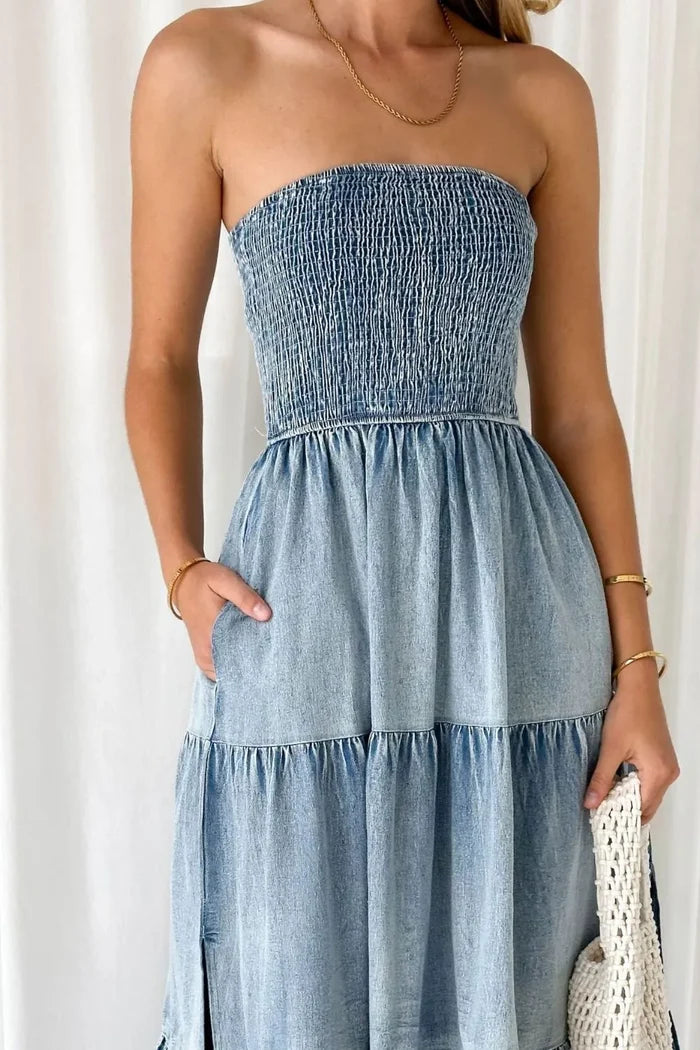 Smocked Tube Slit Tiered Denim Dress