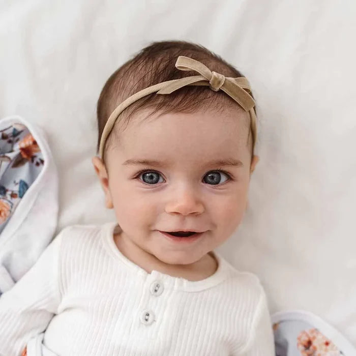 Snuggle Hunny Velvet Bow Stretchy Headband - Pebble