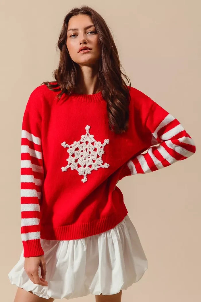 SO ME Christmas Snowflake Crochet Embellished Sweater