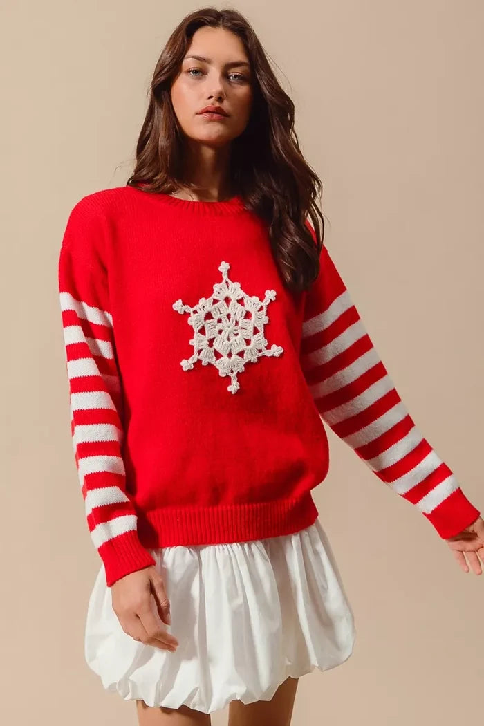 SO ME Christmas Snowflake Crochet Embellished Sweater