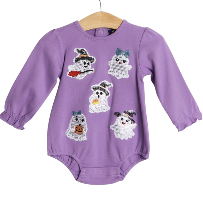 Baby girls purple long sleeve bubble with sequin ghost designs and snap closure on hanger