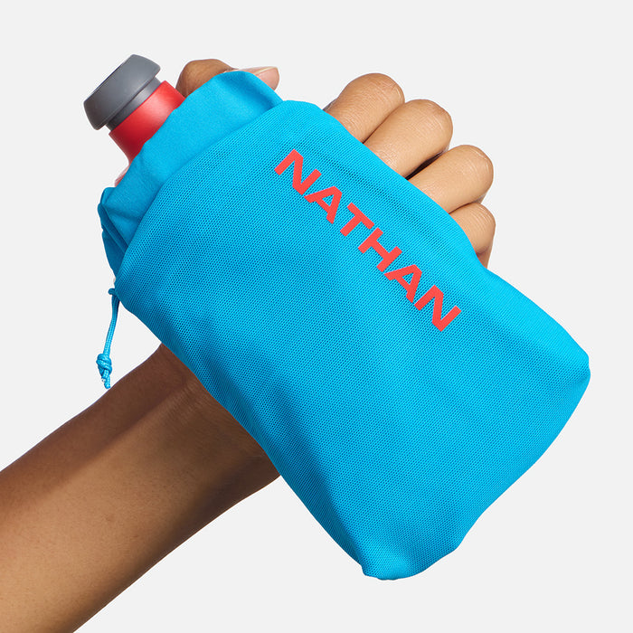 color:Electric Blue/Ribbon Red||seo:Nathan SpeedDraw 2 12oz Handheld Flask - Electric Blue/Ribbon Red - Model Gripping Handheld Flask - Front View