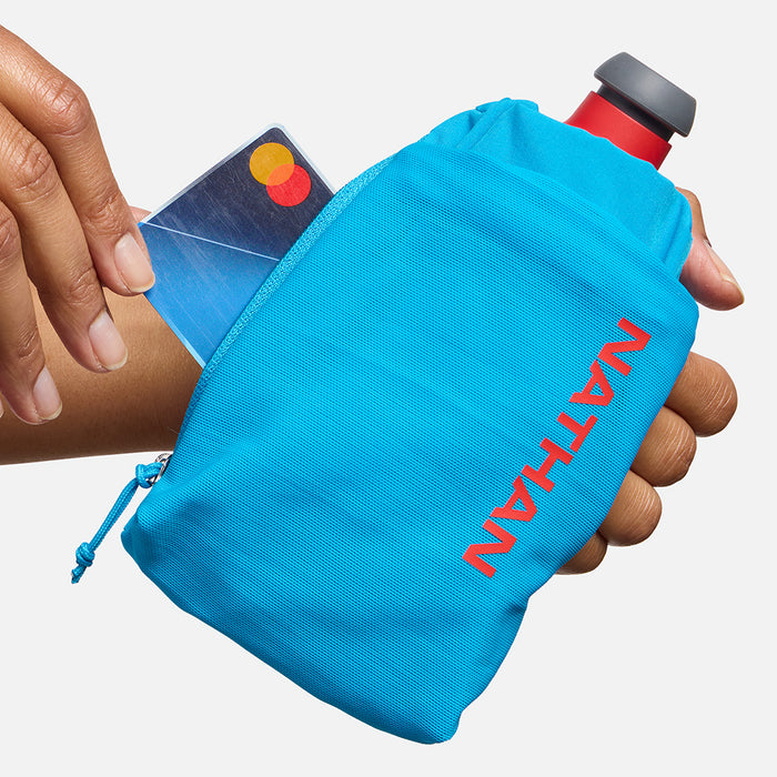 color:Electric Blue/Ribbon Red||seo:Nathan SpeedDraw 2 12oz Handheld Flask - Electric Blue/Ribbon Red - Model Pulling Credit Card from Zippered Pouch