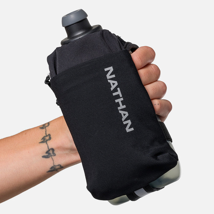 color:Black/Reflective Silver||seo:Nathan SpeedDraw 2 18oz Flask - Black/Reflective Silver - Model Gripping Handheld Flask - Front View