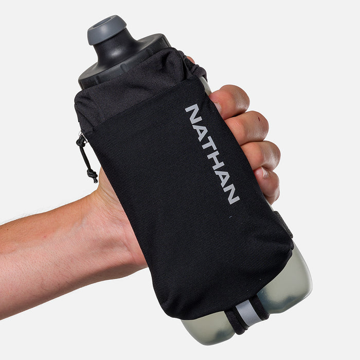 color:Black/Reflective Silver||seo:Nathan SpeedDraw 2 22oz Handheld Flask  - Black/Reflective Silver - Model Gripping Handheld Flask - Front View
