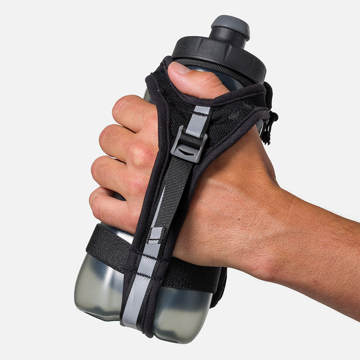 color:Black/Reflective Silver||seo:Nathan SpeedDraw 2 22oz Handheld Flask  - Black/Reflective Silver - Model Gripping Handheld Flask - Back View