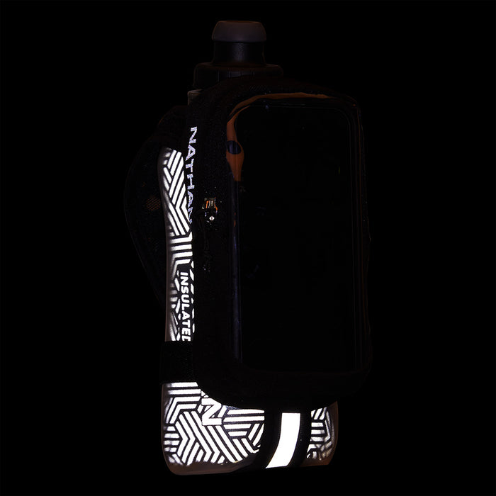 color:Black/Reflective Silver||seo:Nathan SpeedDraw 2 View Insulated 18oz Handheld Flask  - Black/Reflective Silver - Detail View of Reflective Highlights on Handheld