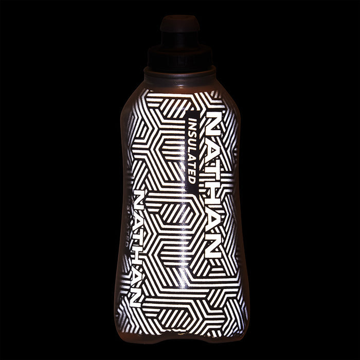 color:Black/Reflective Silver||seo:Nathan SpeedDraw 2 View Insulated 18oz Handheld Flask  - Black/Reflective Silver - Detail View of Reflective Highlights on 18oz Insulated Flask Bottle