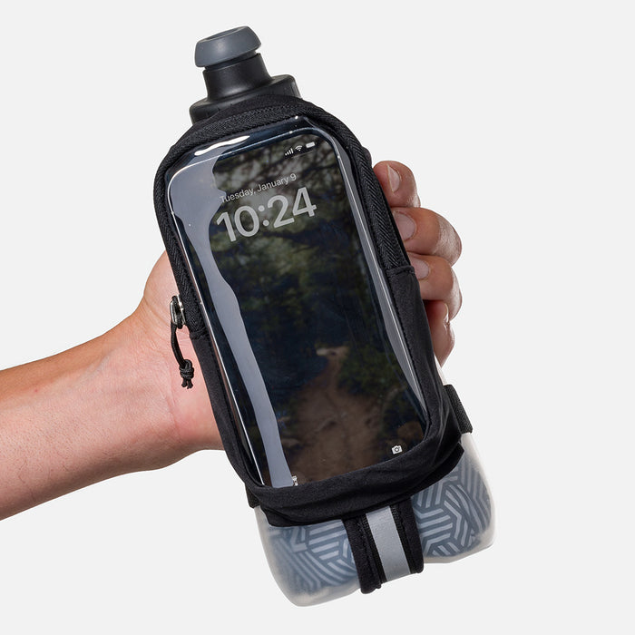 color:Black/Reflective Silver||seo:Nathan SpeedDraw 2 View Insulated 18oz Handheld Flask  - Black/Reflective Silver - Model Gripping Handheld Flask - Front View