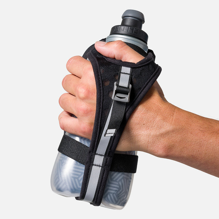 color:Black/Reflective Silver||seo:Nathan SpeedDraw 2 View Insulated 18oz Handheld Flask  - Black/Reflective Silver - Model Gripping Handheld Flask - Back View