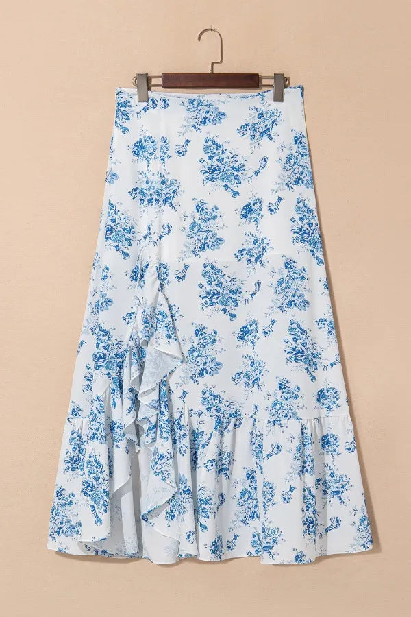 Split Asymmetrical Ruffled Printed Skirt