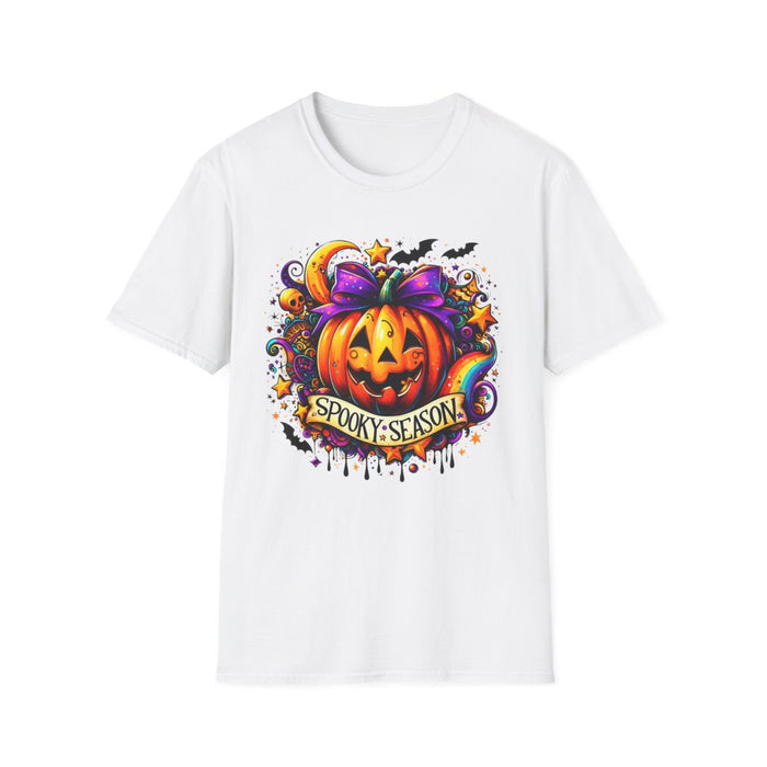 light blue t-shirt with spooky season pumpkin jack-o'-lantern design and bats stars moons
