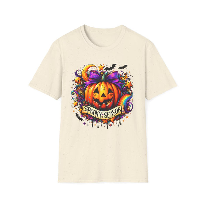 white t-shirt with bright pumpkin halloween graphic and festive spooky elements