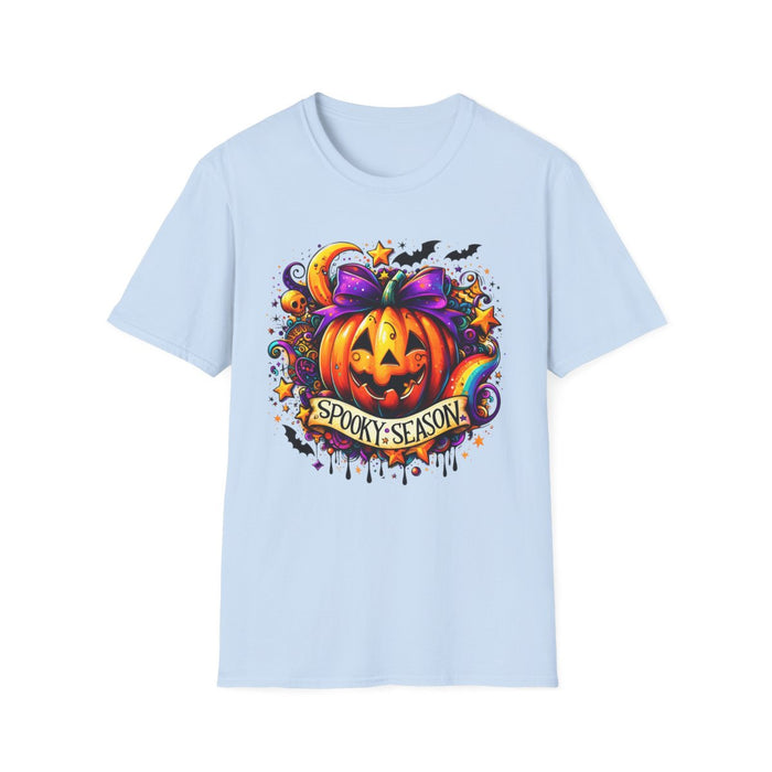 sport grey t-shirt featuring vibrant pumpkin and spooky season design detail