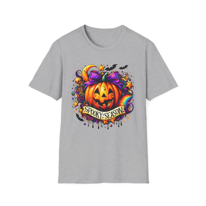 natural coloured t-shirt with spooky pumpkin graphic print for halloween