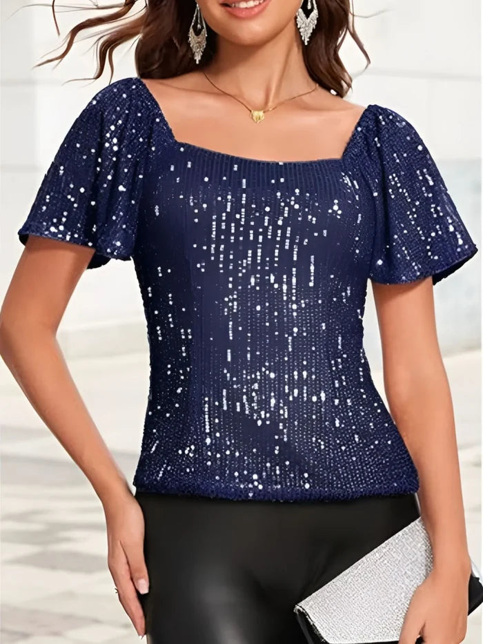 Square Neck Sequin Short Sleeve Blouse