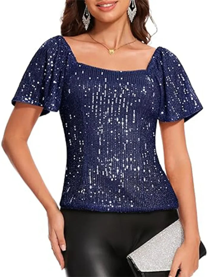 Square Neck Sequin Short Sleeve Blouse