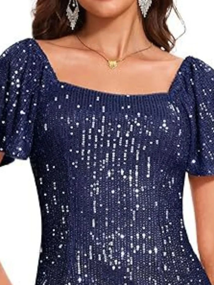 Square Neck Sequin Short Sleeve Blouse