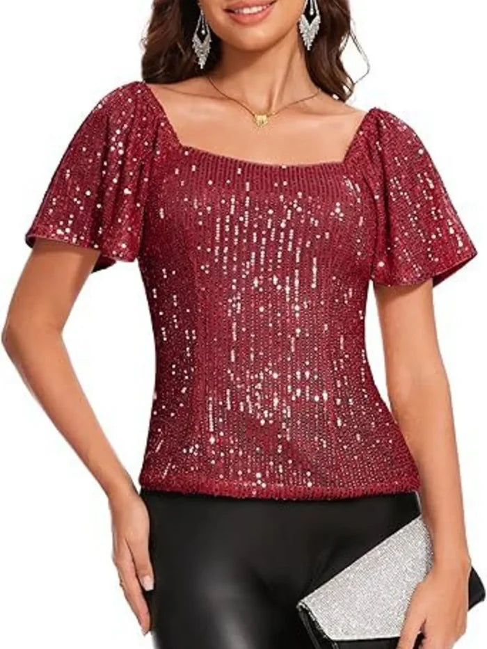 Square Neck Sequin Short Sleeve Blouse