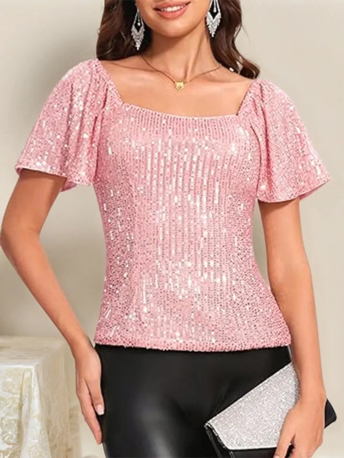 Square Neck Sequin Short Sleeve Blouse