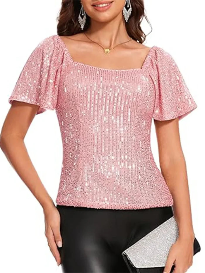 Square Neck Sequin Short Sleeve Blouse