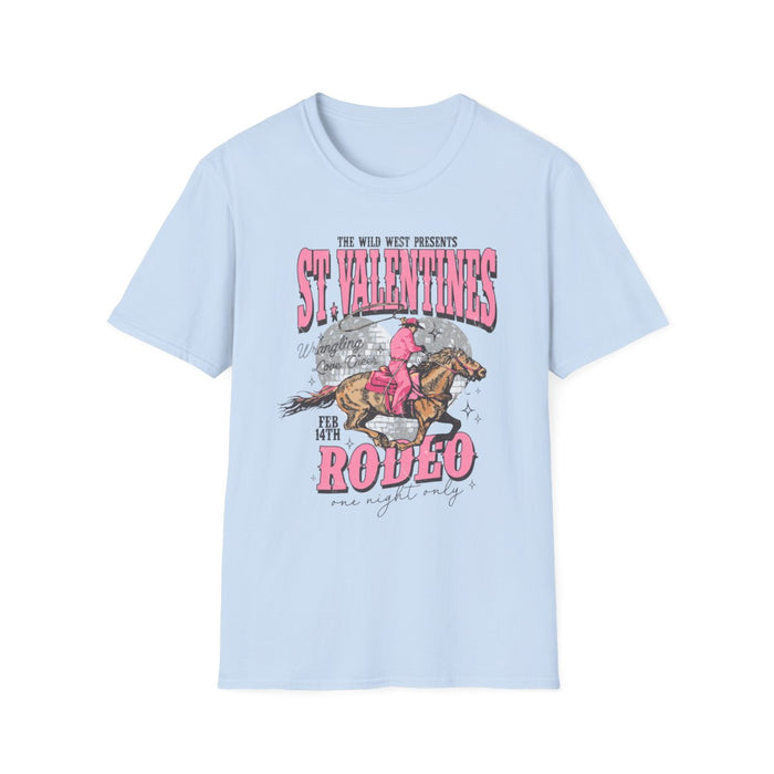 light blue t-shirt with st. valentines rodeo cowgirl graphic design