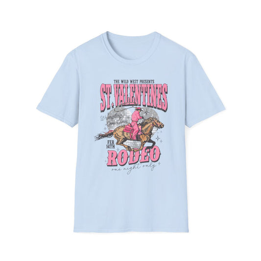 light blue t-shirt with st. valentines rodeo cowgirl graphic design