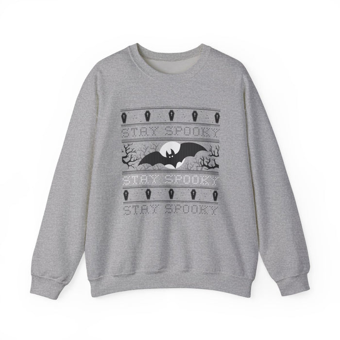 red sweatshirt with stay spooky bat and moon design