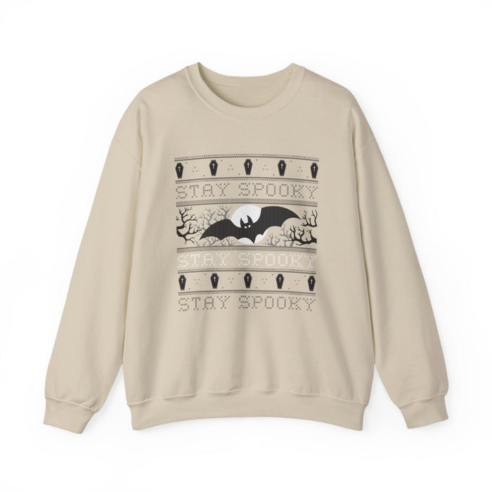 sand sweatshirt with gothic bat and moon halloween graphic