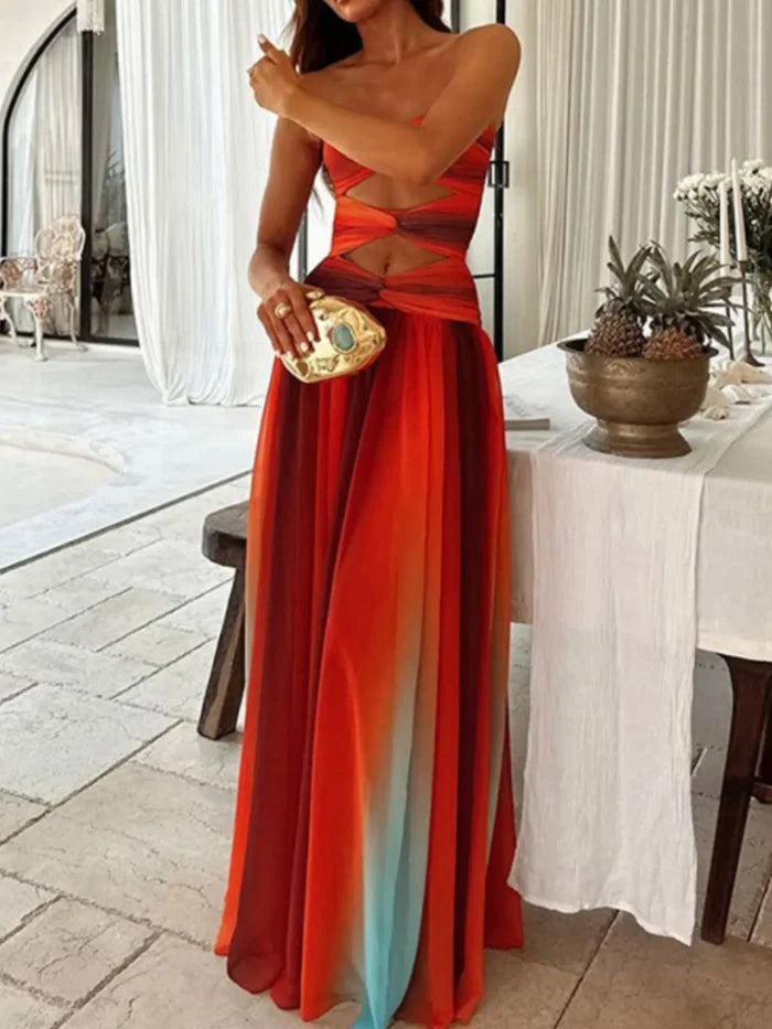 Strapless Cut-Out Rainbow Gradient Maxi Dress