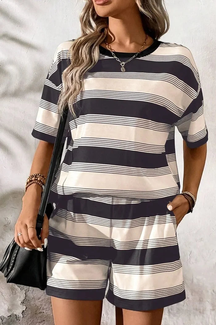 Stripe Half Sleeve T-Shirt and High Waist Pocketed Shorts Set