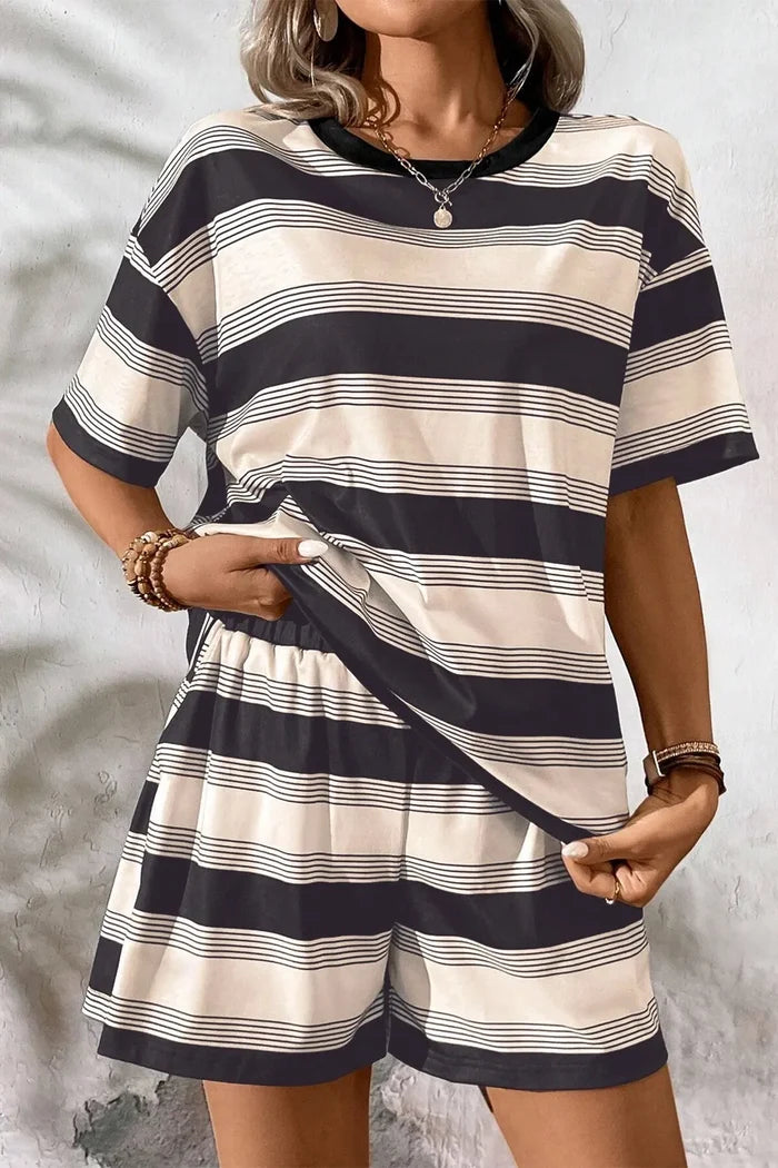 Stripe Half Sleeve T-Shirt and High Waist Pocketed Shorts Set