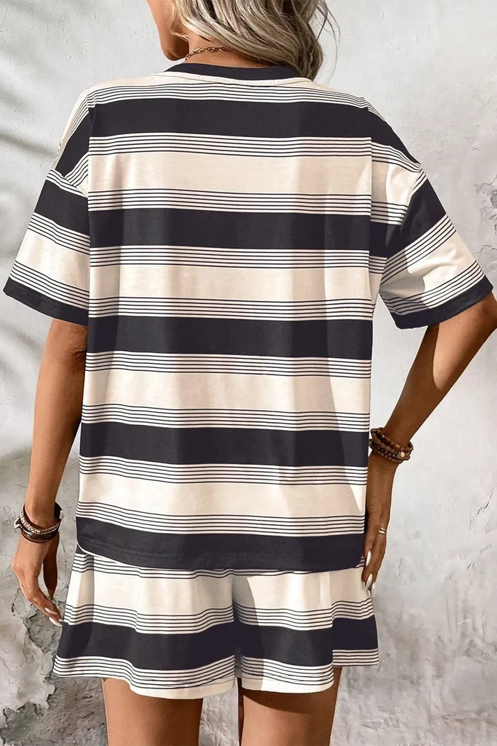 Stripe Half Sleeve T-Shirt and High Waist Pocketed Shorts Set
