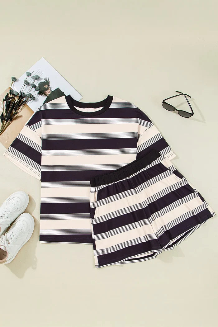 Stripe Half Sleeve T-Shirt and High Waist Pocketed Shorts Set