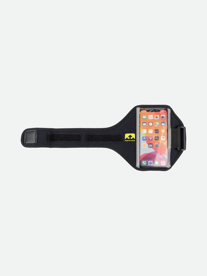 color:Black/Sulfur Spring||seo:Nathan Super 5K Smartphone Armband - Black/Yellow - Front View with Velcro Strap