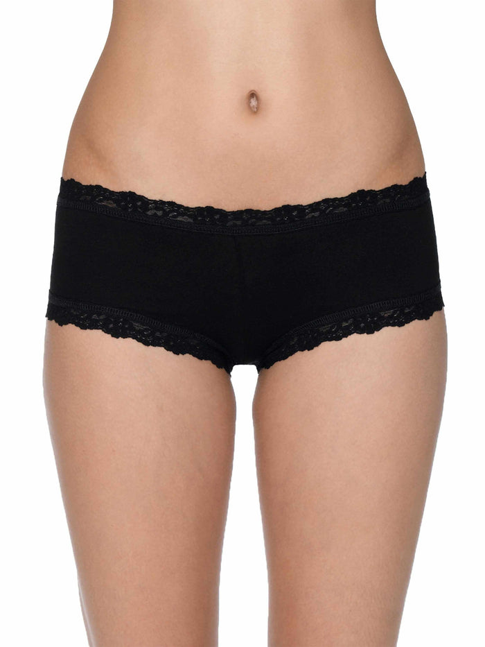 Black Supima® Cotton Boyshort with Lace Trim - Front On-Model View | Hanky Panky
