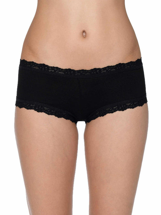 Black Supima® Cotton Boyshort with Lace Trim - Front On-Model View | Hanky Panky