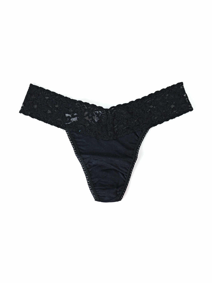 Black Supima® Cotton Low Rise Thong - Flat Lay showing lace waistband and soft cotton gusset | Hanky Panky