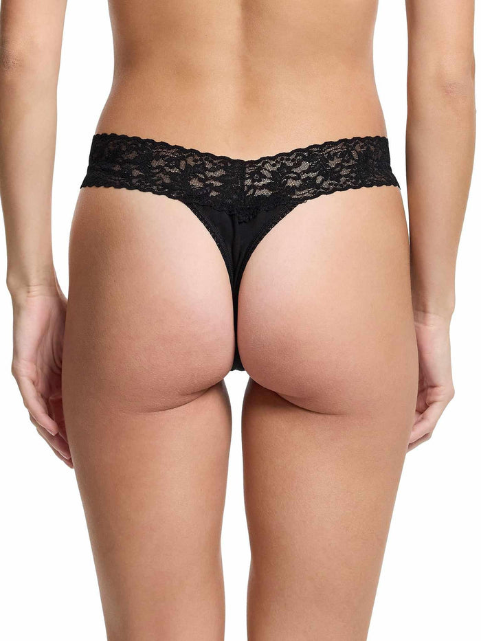 Black Supima® Cotton Original Rise Thong, lace waistband detail - Back View | Hanky Panky