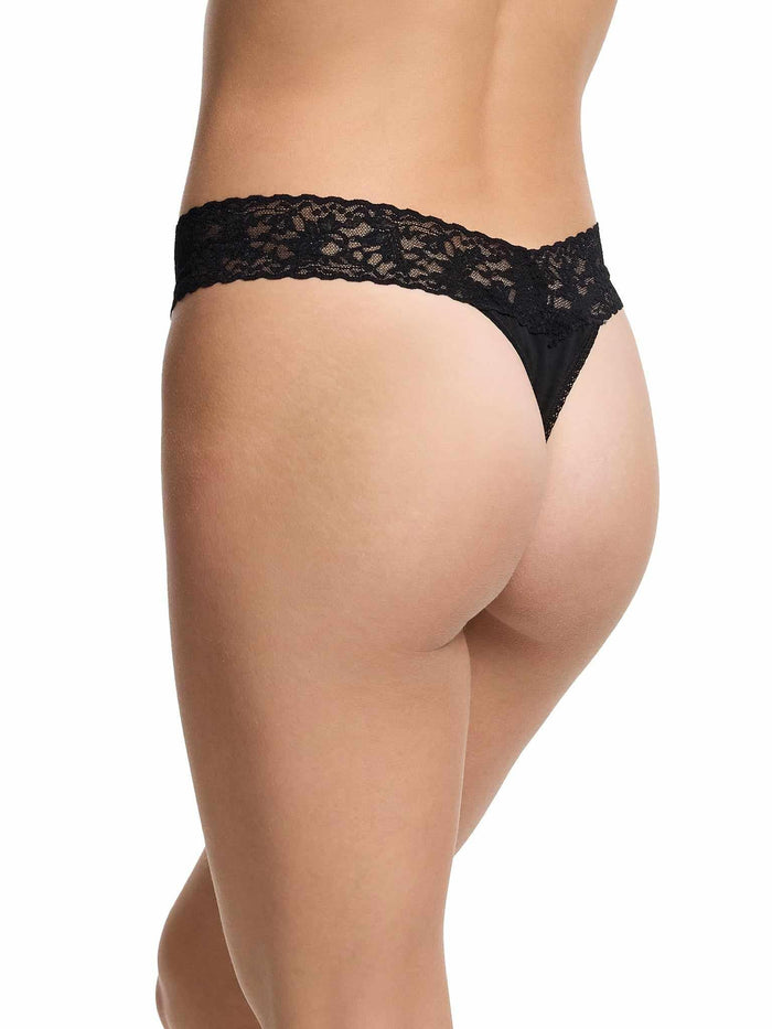 Black Supima® Cotton Original Rise Thong, lace waistband back angle on model | Hanky Panky