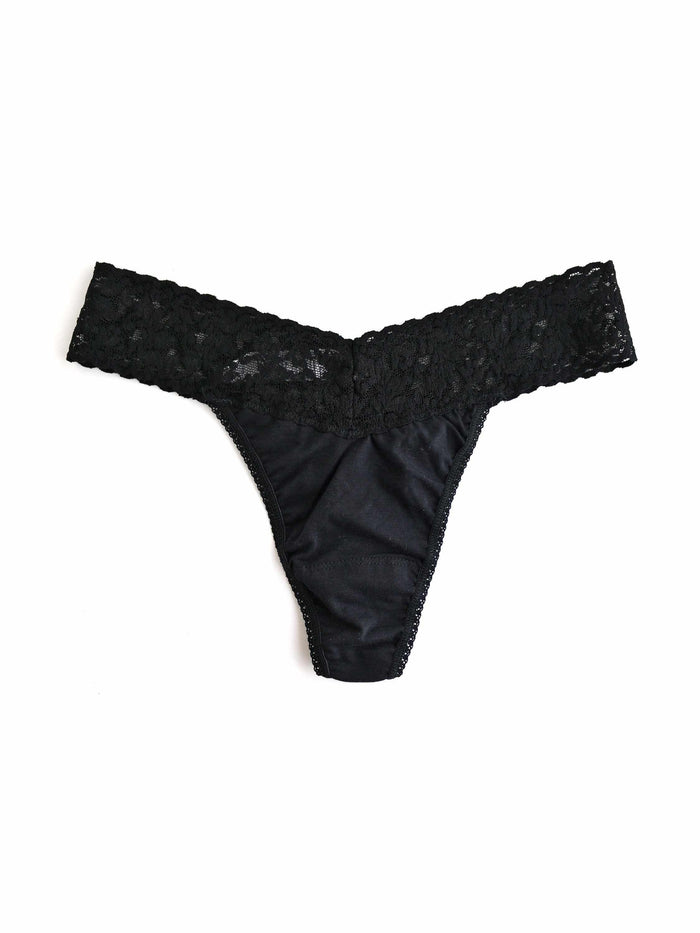 Black Supima® Cotton Original Rise Thong with floral lace waistband - Flat Lay | Hanky Panky